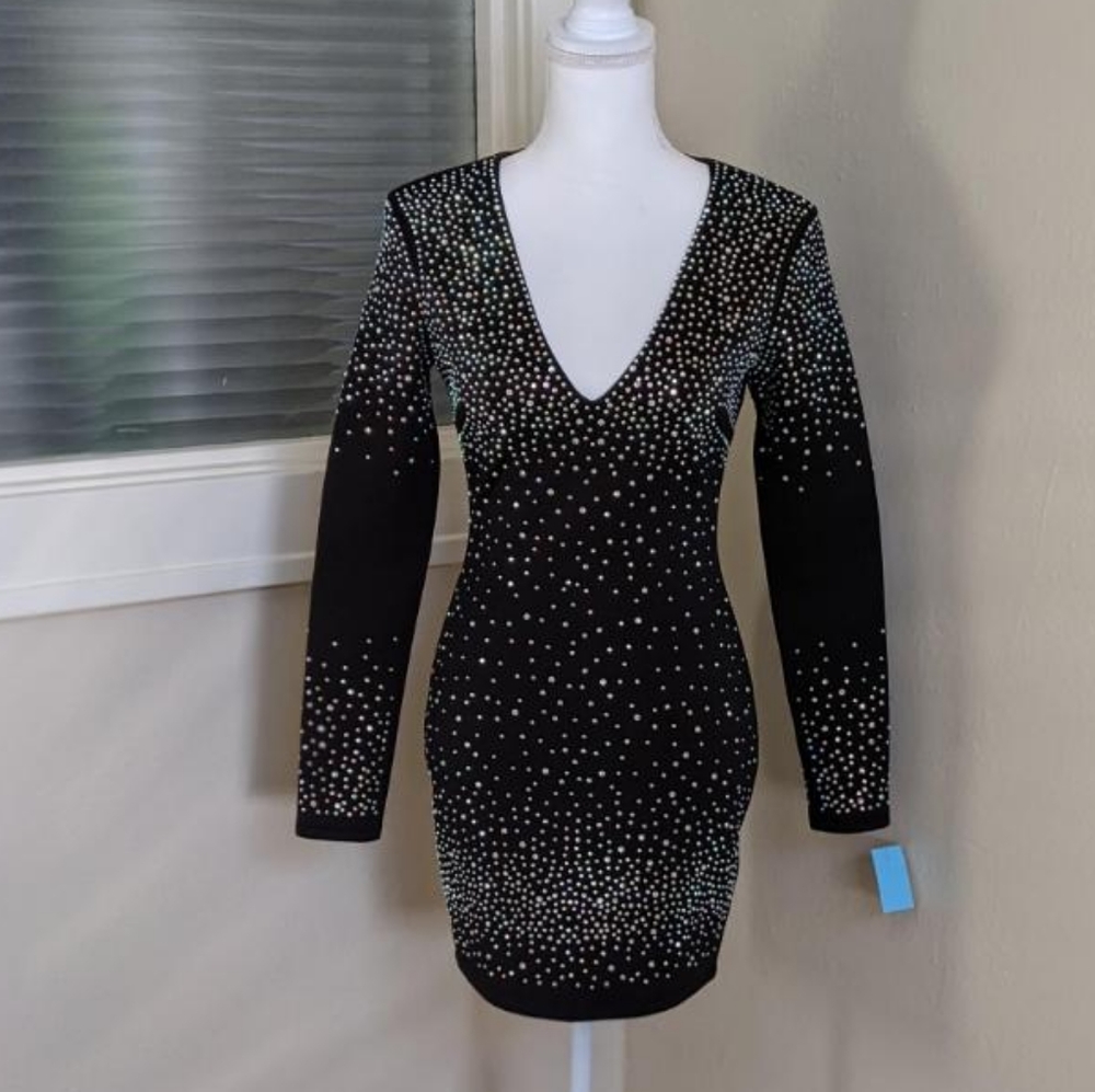 BEBE long sleeve AB crystal neoprene/scuba cocktai